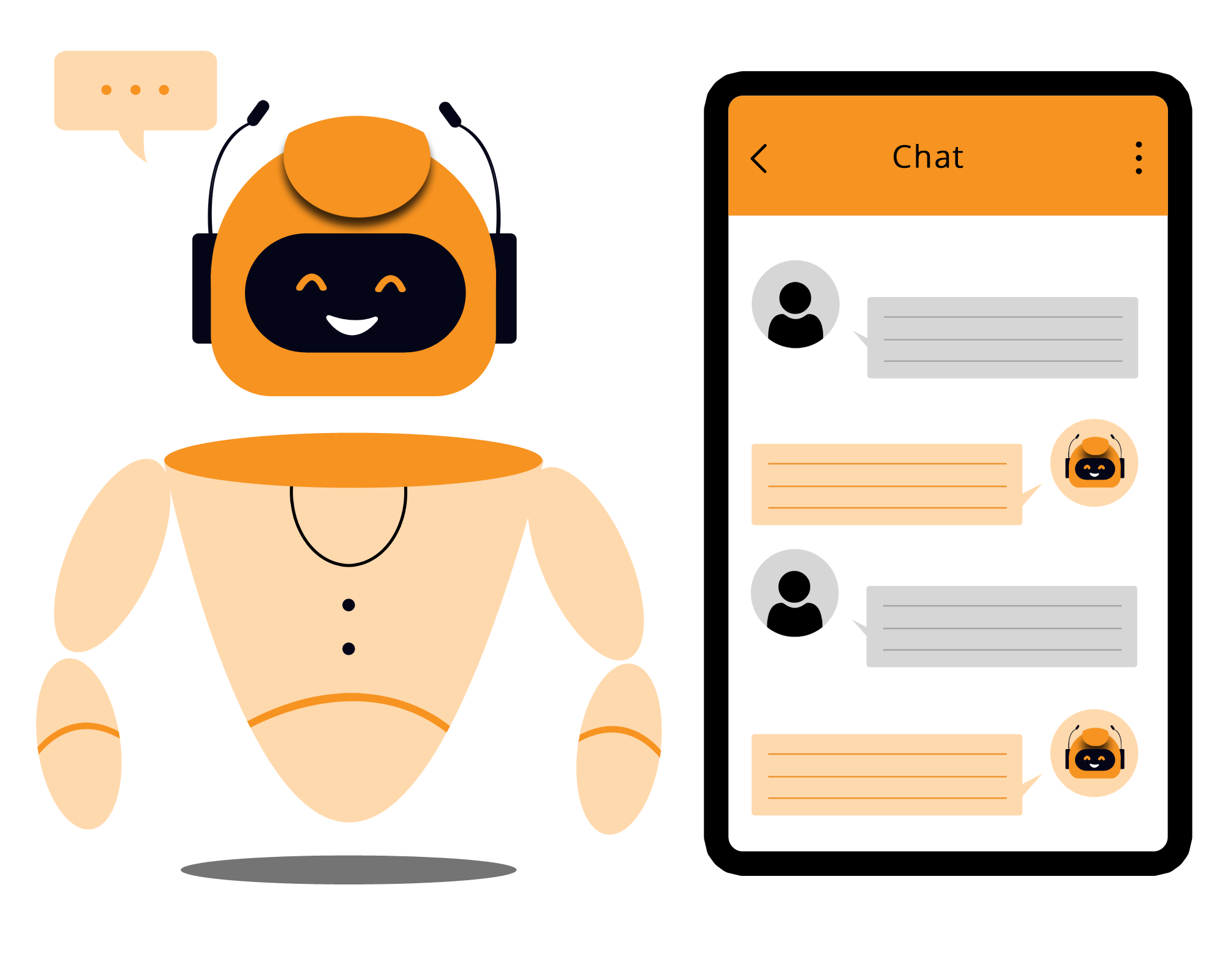 Illustration of robot with phone and chatbot